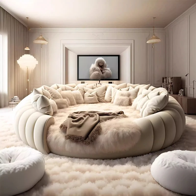 Stoffbezogenes Cremefarbenes Doppelbett Modernes 200x200cm Heim- und Hotel-Design Rundbett Kingsize Holz Schlafzimmermöbel