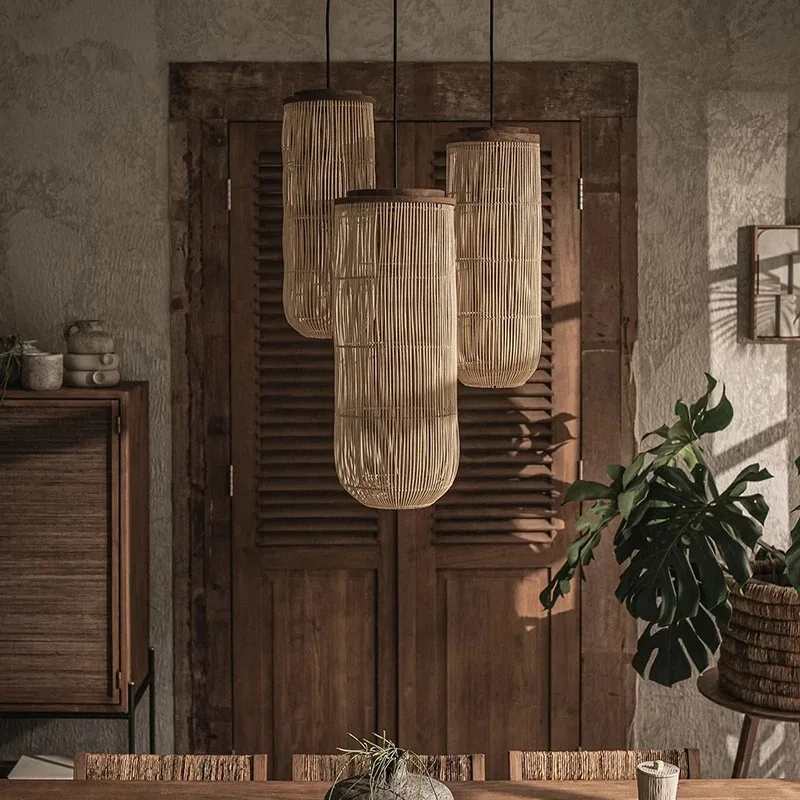 Wanne Pendel leuchte Vitage Rattan Pendel leuchte für Wohnzimmer Restaurant LED Korb laterne Kronleuchter Wabi-Sabi Massivholz lampe