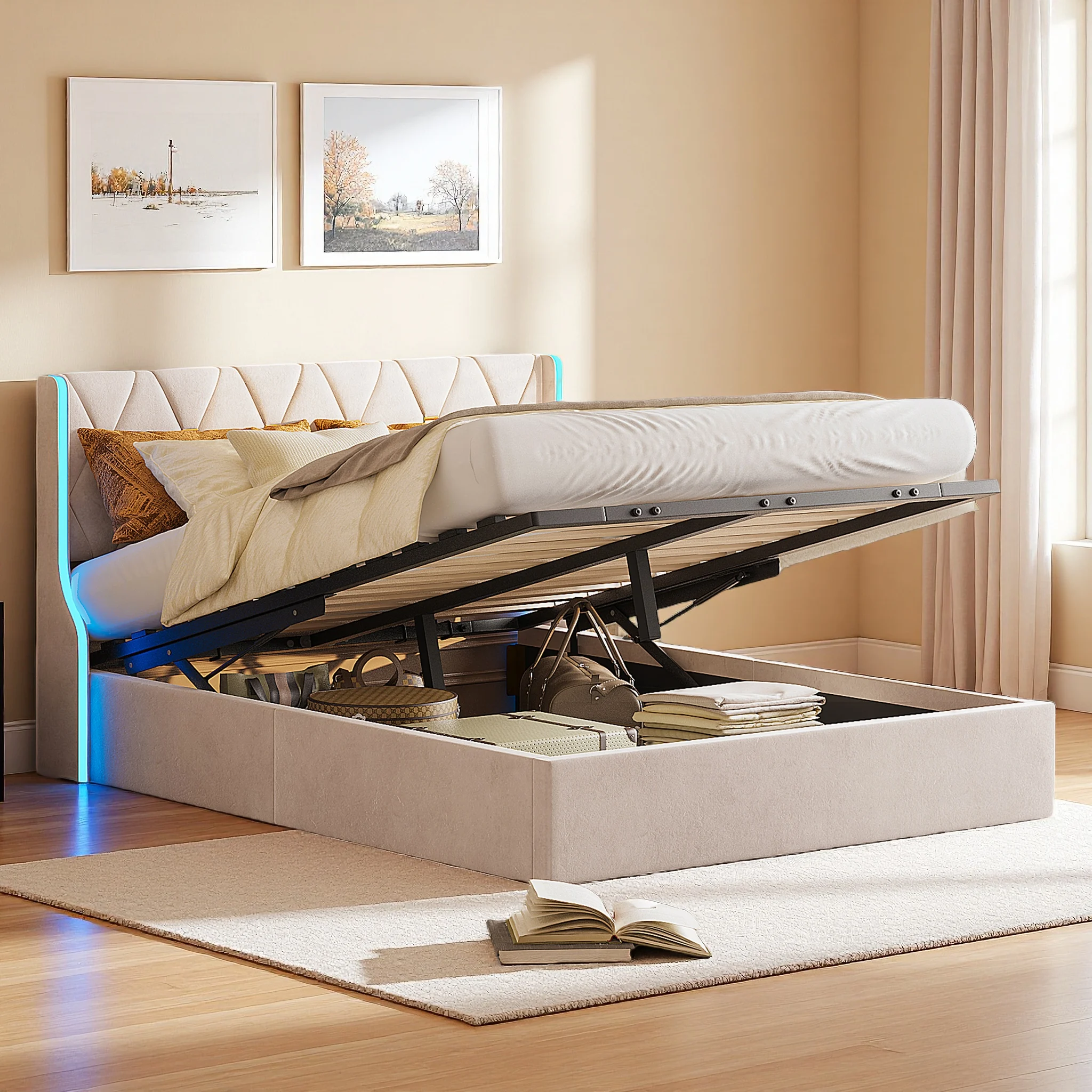 Anajqaqia 140×190cm gepolstertes Doppelbett, Kopfteil mit LED, Stauraumbett, hydraulisches Bett, Bettgestell mit Lattenrost, Samt, Beige Image