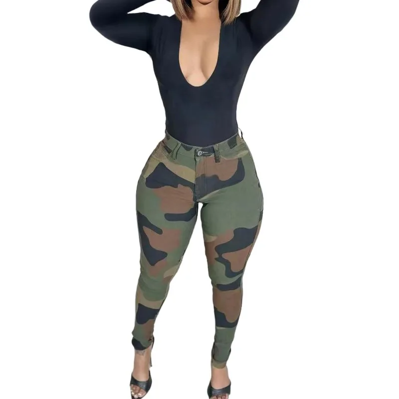 Plus Größe 1XL-5XL Frauen Mode Camouflage Hosen Frauen Grün Stretch Bleistift Hosen Casual Taste Tasche Militär Hosen