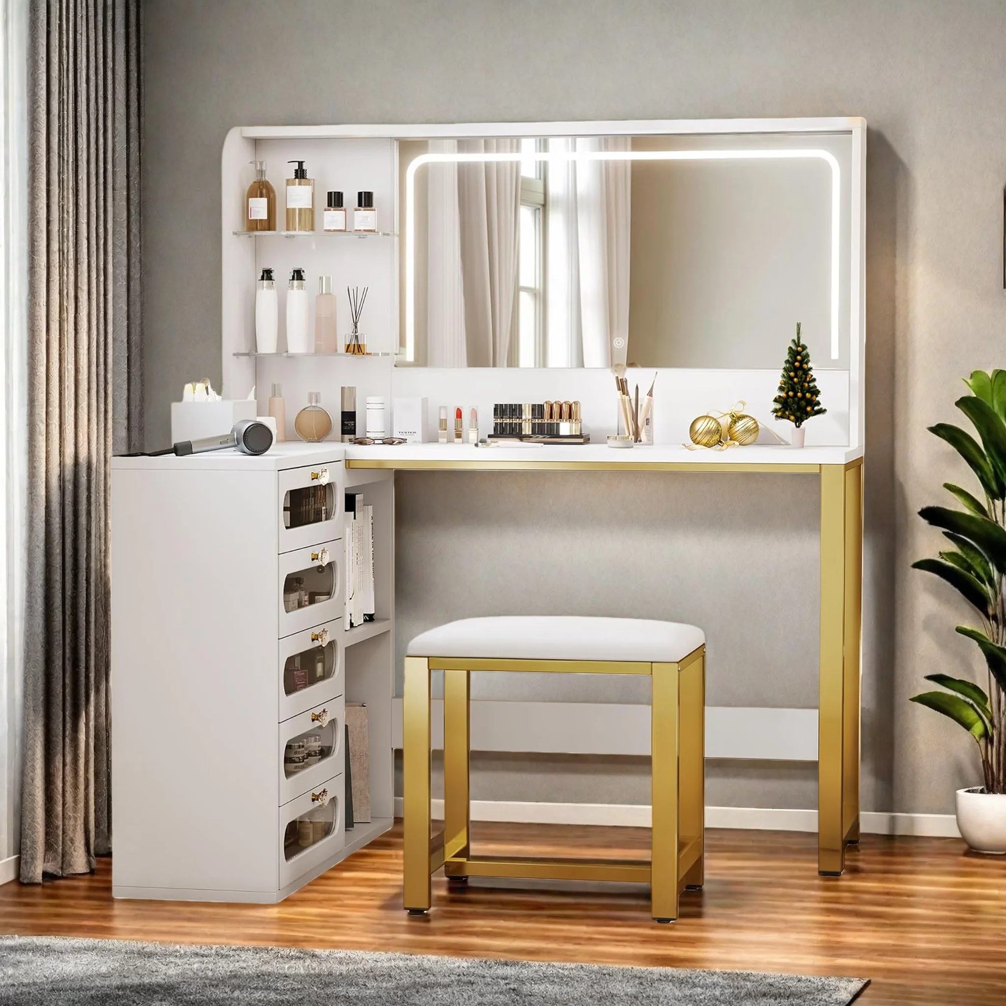 WoodenAura Moderner Schminktisch mit beleuchtung, schmink tisch, 5 Schubladen, Schmicktisch 4 offenen Ablagen für Schlafzimmer Image