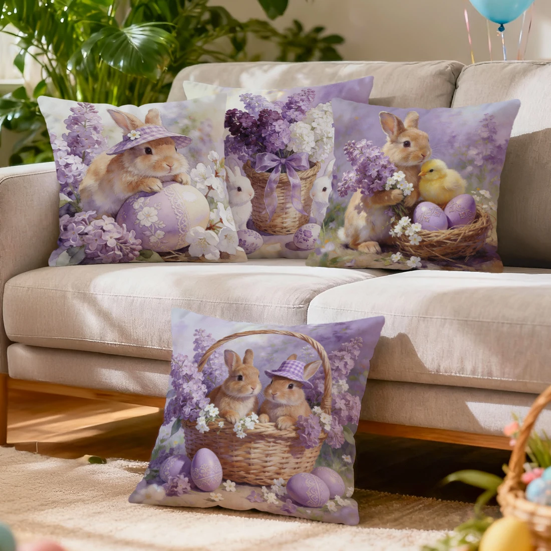 Rural Rabbit Lavendel-Kissenbezug, bedruckter Polyester-Kissenbezug, 40/45/50 cm, dekorativer Sofakissenbezug, Heimdekoration Image