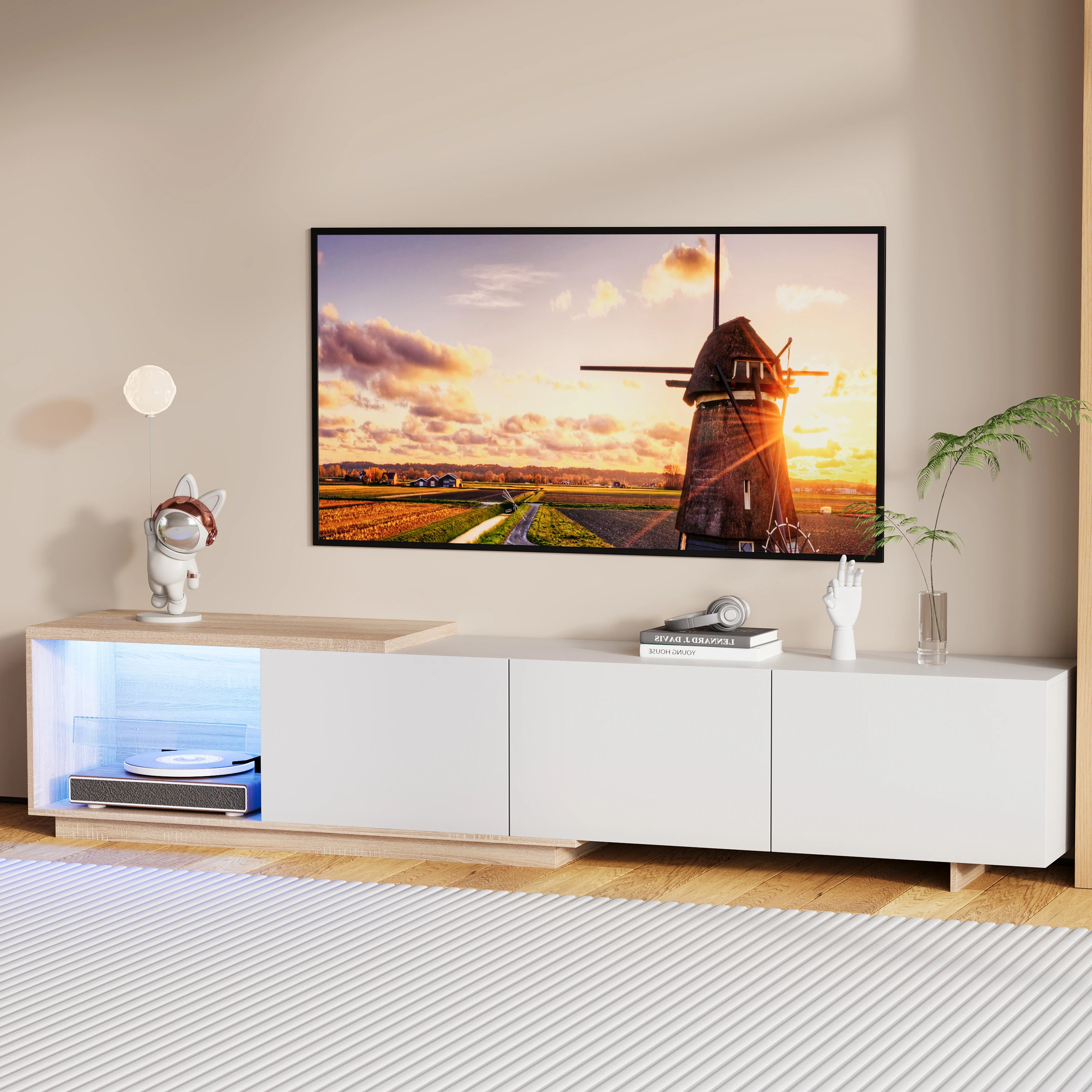 Rosahqnda ausziehbarer TV-Schrank, 163 cm-240 cm lang, TV-Lowboard mit 3 Schubladen, TV-Board für Fernseher bis zu 65 Zoll, Induktions-Lichtleiste Image