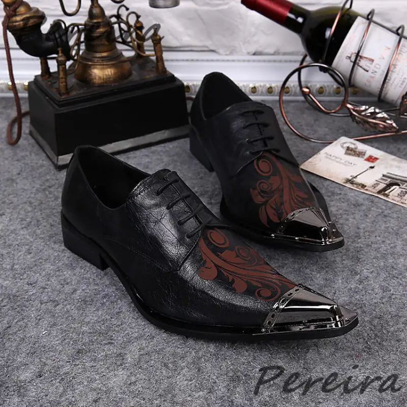 Vintage Gedruckt Herren Derby Schuhe Metall Spitze Zehen Echtes Leder Lace-Up Business Kleid Schuhe Sommer Neue Party Bankett schuhe