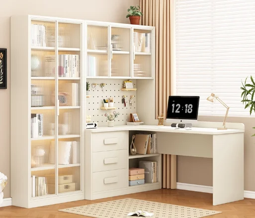 Cremefarbener Eckschreibtisch aus massivem Holz, Bücherregal und Bücherregal-Kombination, Heim-Arbeits-/Büroschreibtisch zum Schreiben und Lernen Image