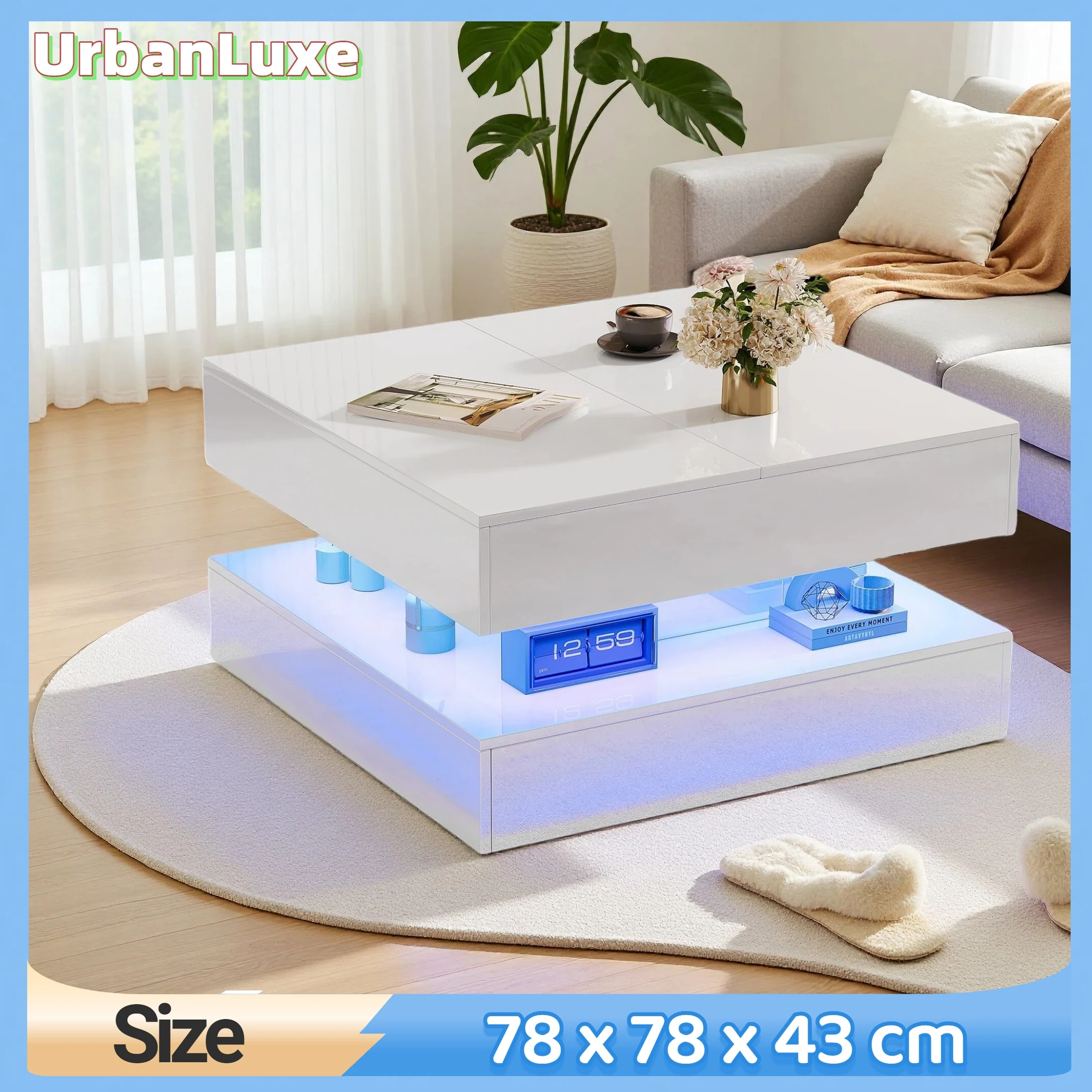 Couchtisch mit LED-Beleuchtung und 2 Schubladen, großer Stauraum, Hochglanzplatte, quadratische, Beistelltisch, weiß/schwarz Image