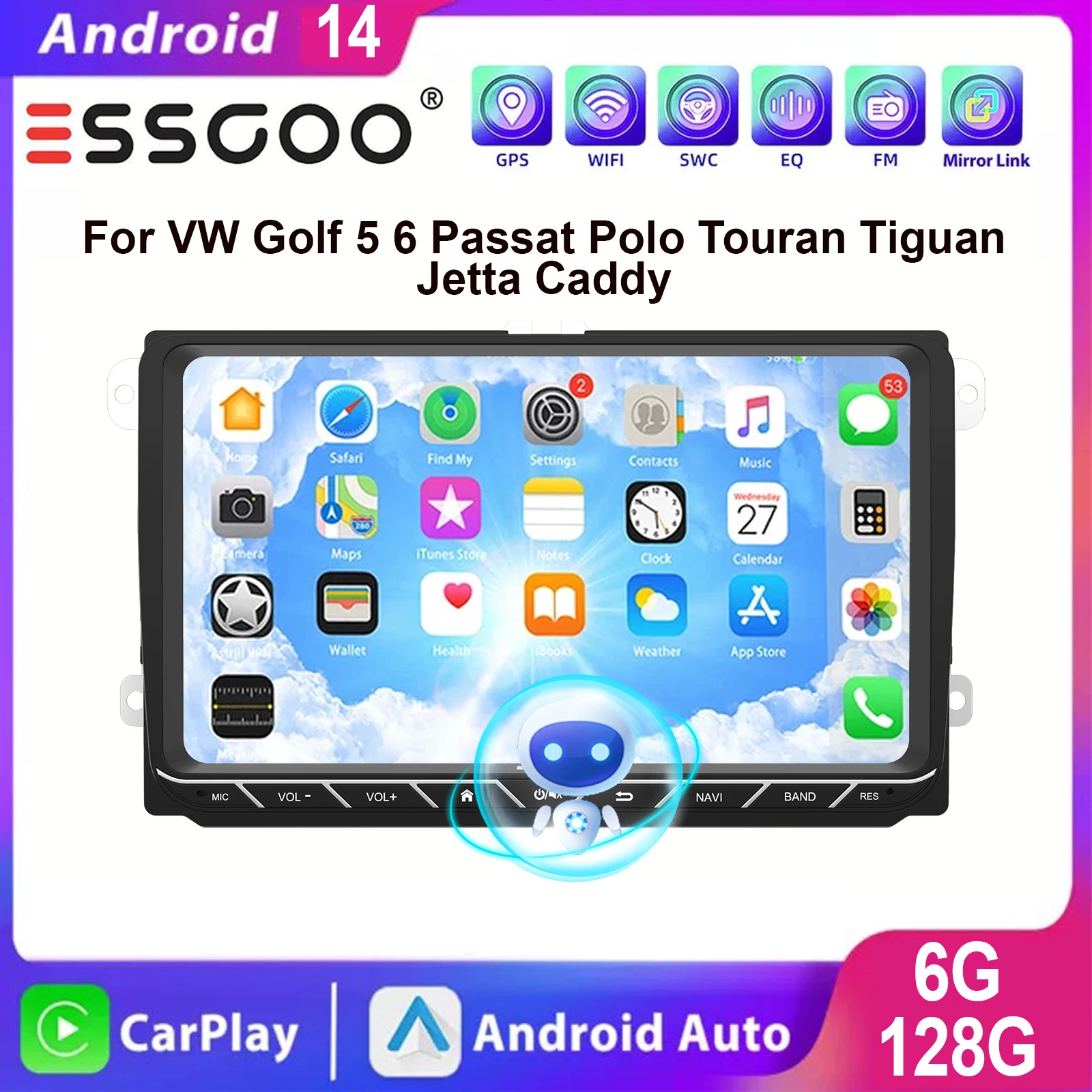 ESSGOO Android 14 Apple CarPlay Android Auto Drahtlos 6+128GB Für VW GOLF MK5 MK6 Autoradio IPS Touchscreen 9 Zoll 8 Kern GPS Navigation KI-Steuerung Radio 4G WIFI FM/AM USB Spiegel Link DSP Sound Image