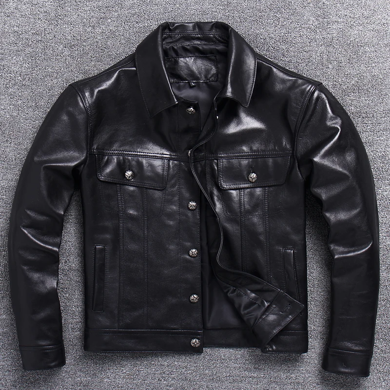 2026 Neue Denim-Lederjacke für Herren aus Natürlichem Schafsleder, Schlanke Passform, Lässiger Stil, Einreihig, Modische Kleidung Image