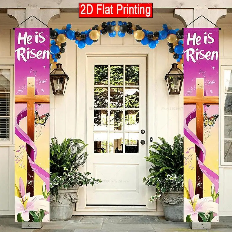 2D Er ist auferstanden Kreuzbanner Frühlings-Oster-Party-Dekorationen Couplette Veranda-Schilder Innen- und Außenbanner Partyzubehör Image