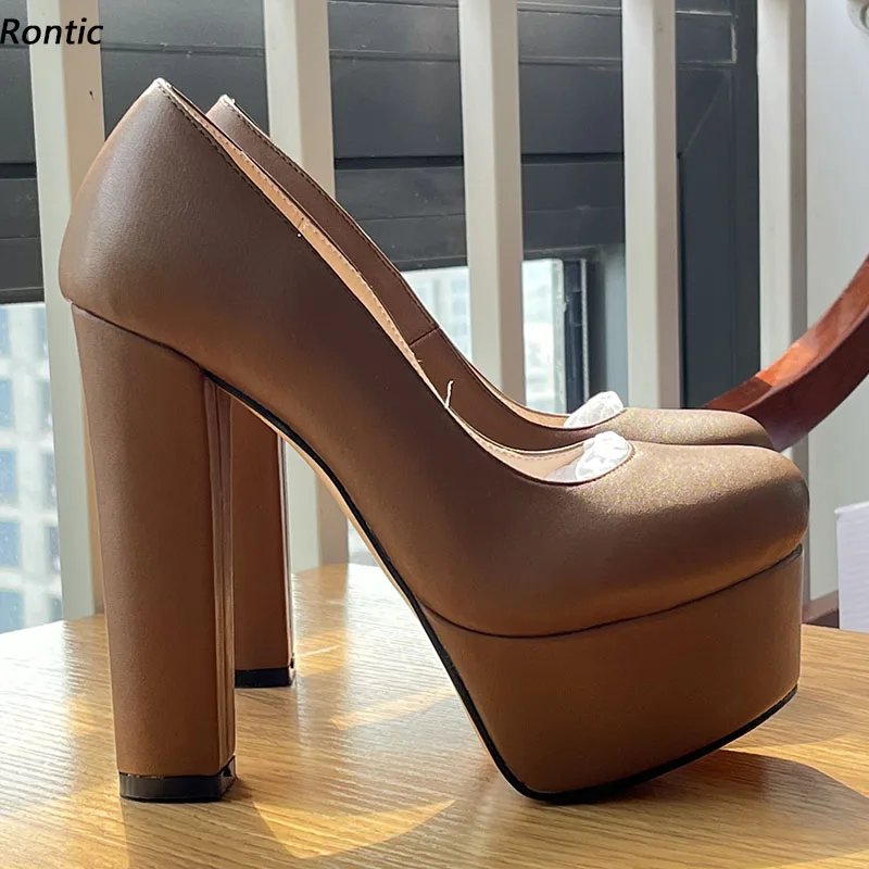 Rontic handgemachte Damen-Frühlingspumps, Plattform, klobige Absätze, runde Zehen, hübsche braune Party-Cosplay-Schuhe, US-Größe 5–20