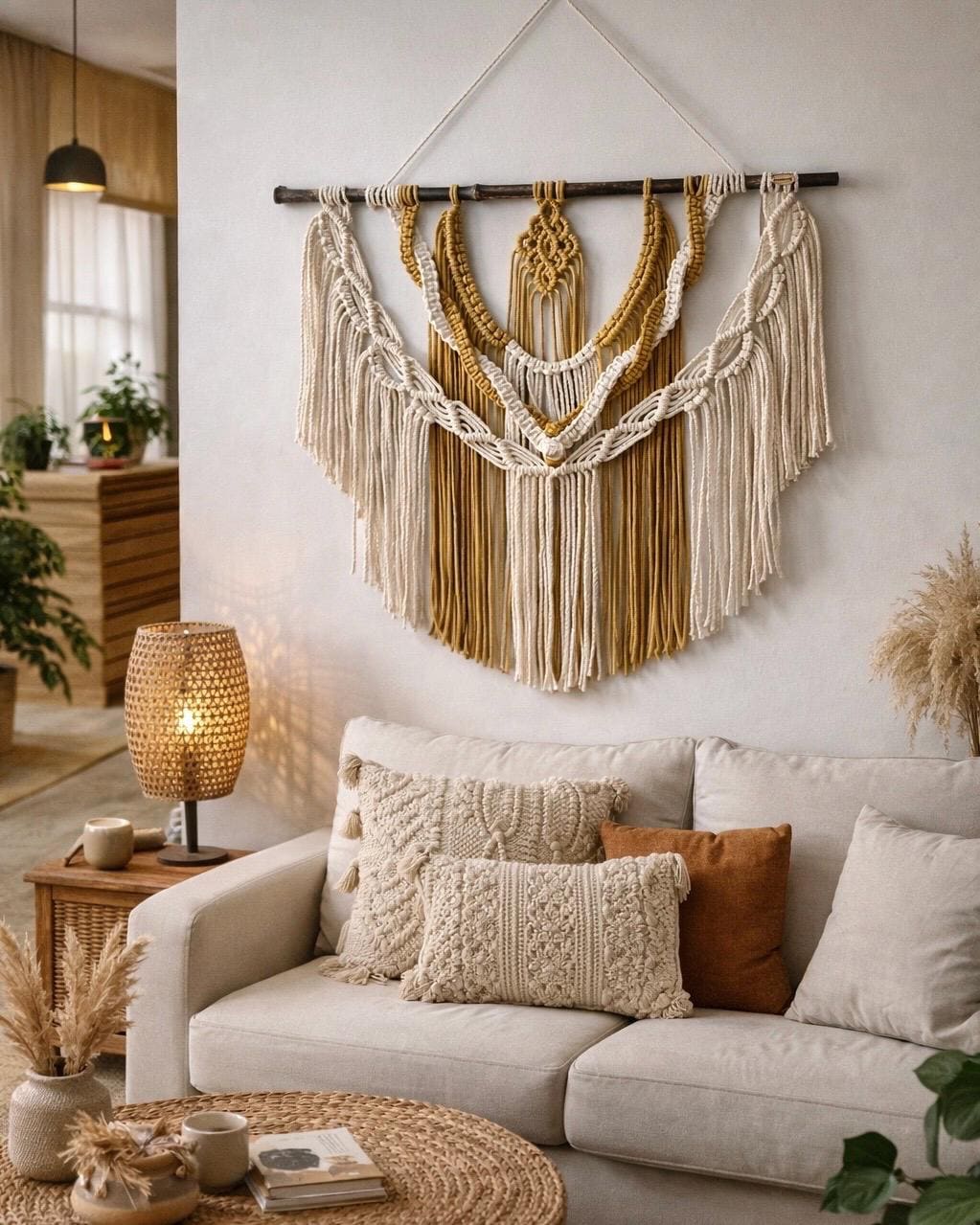 Grande arazzo in macramè da parete, decorazione murale boho, arte murale in macramè neutra, arte tessile fatta a mano, arazzo intrecciato da parete, d