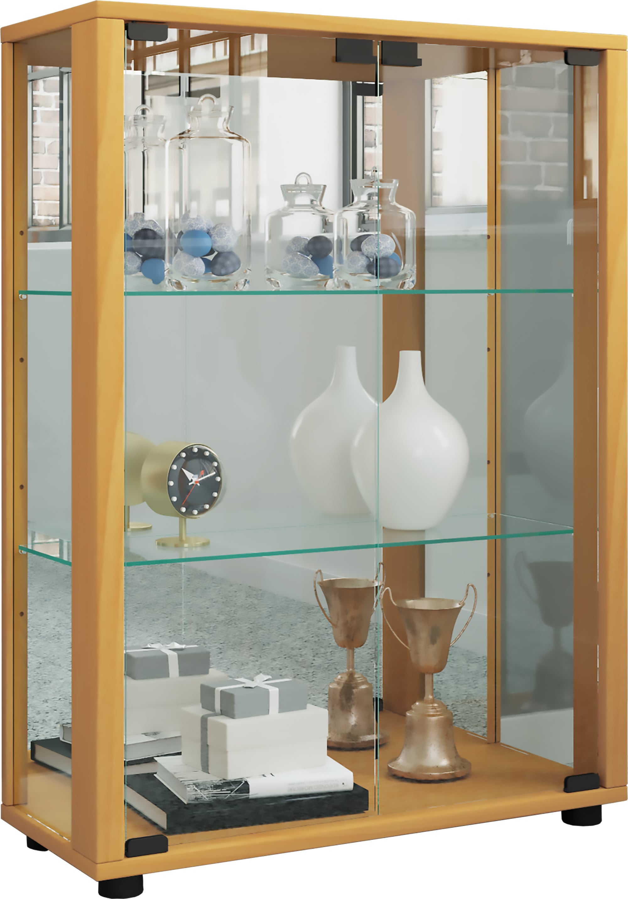 Standvitrine VCM "Glas Stand Vitrine Sammelvitrine Sintalo Spiegel", braun (buche), B:60cm T:25cm, Obermaterial: 100% Holz Wood., Schränke, Standvitrine Image