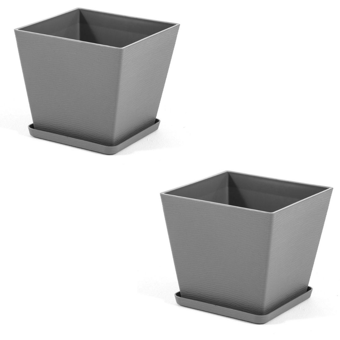 RATTATAN Quadratischer Blumentopf 37,5x37,5 cm aus Polypropylen mit Glasfaser, leicht, robust, mit Untersetzer – Innen/Außen – LILIUM (2 Stück, Grau) Image