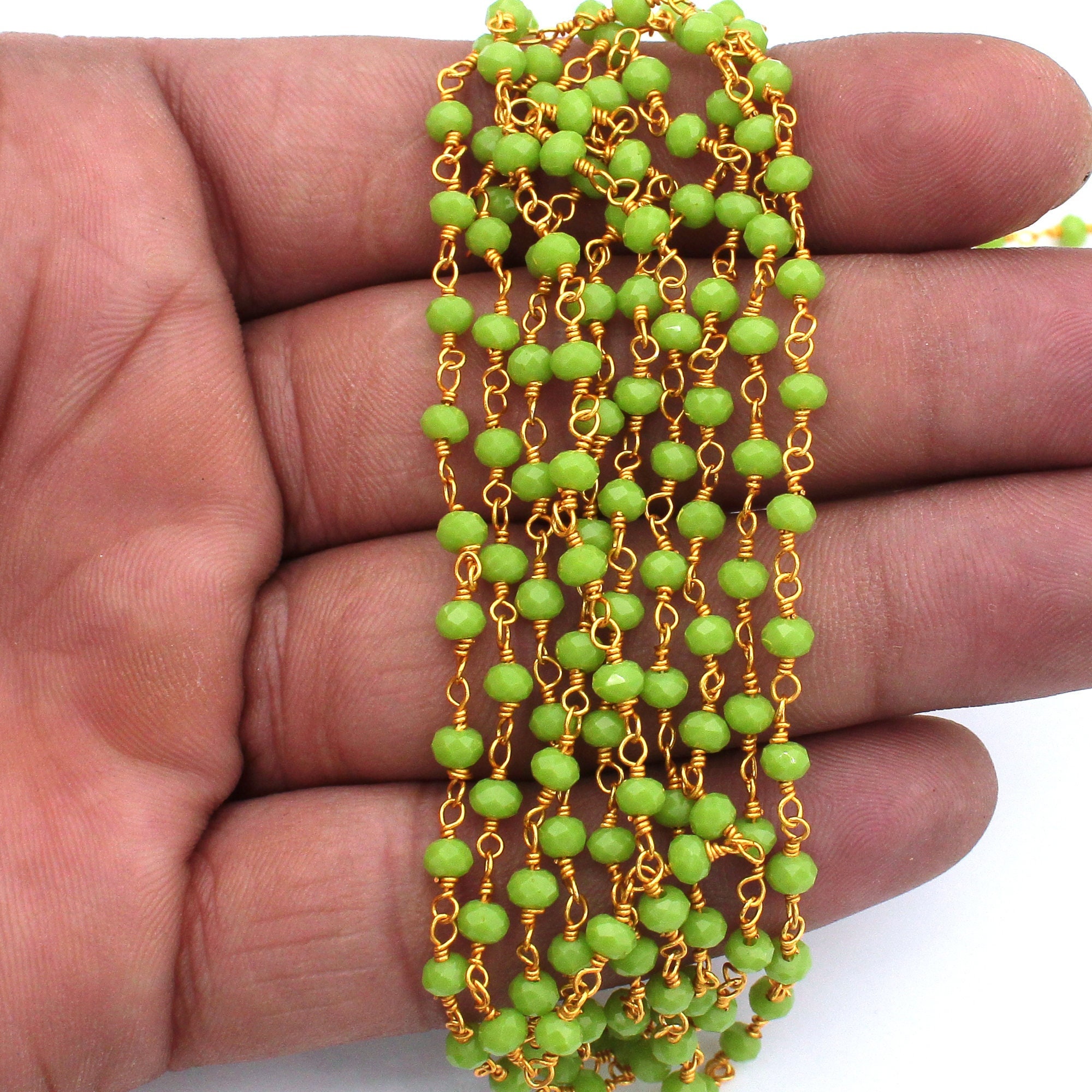 Green Chalcedony Hydro Rosary Beaded Chain, 3 mm, Rondelle Faceted, Gold Plated Wire Wrapped Chain, Beaded Chain, Craft Chain, Bulk Roll