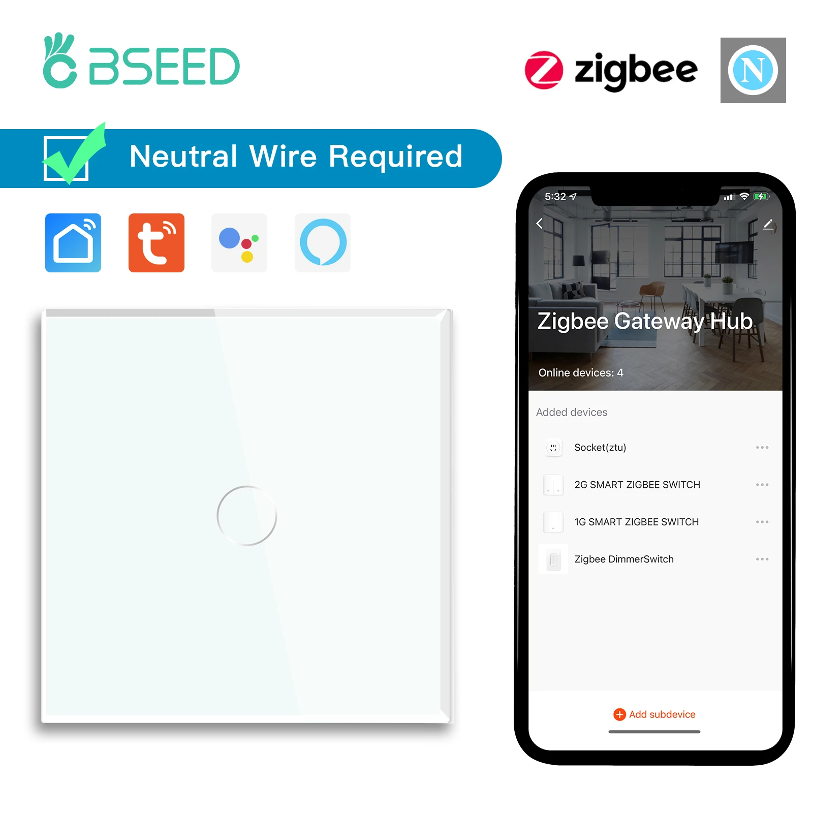 Bseed eu standard zigbee smart switch 1/2/3gang 2way touch lichtsc halter arbeiten mit tuya smart life google home neutral erforderlich Image