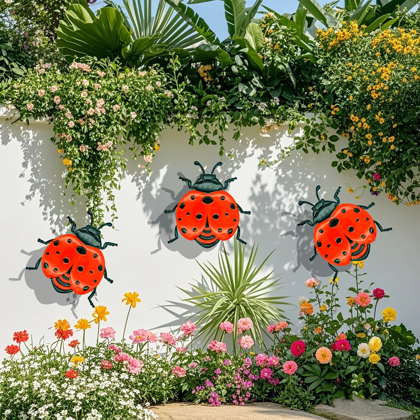 3 Stück Metall Marienkäfer Wanddekoration bunte Gartendekoration Outdoor Indoor Metallhandwerk lebendige Heimtextilien Image