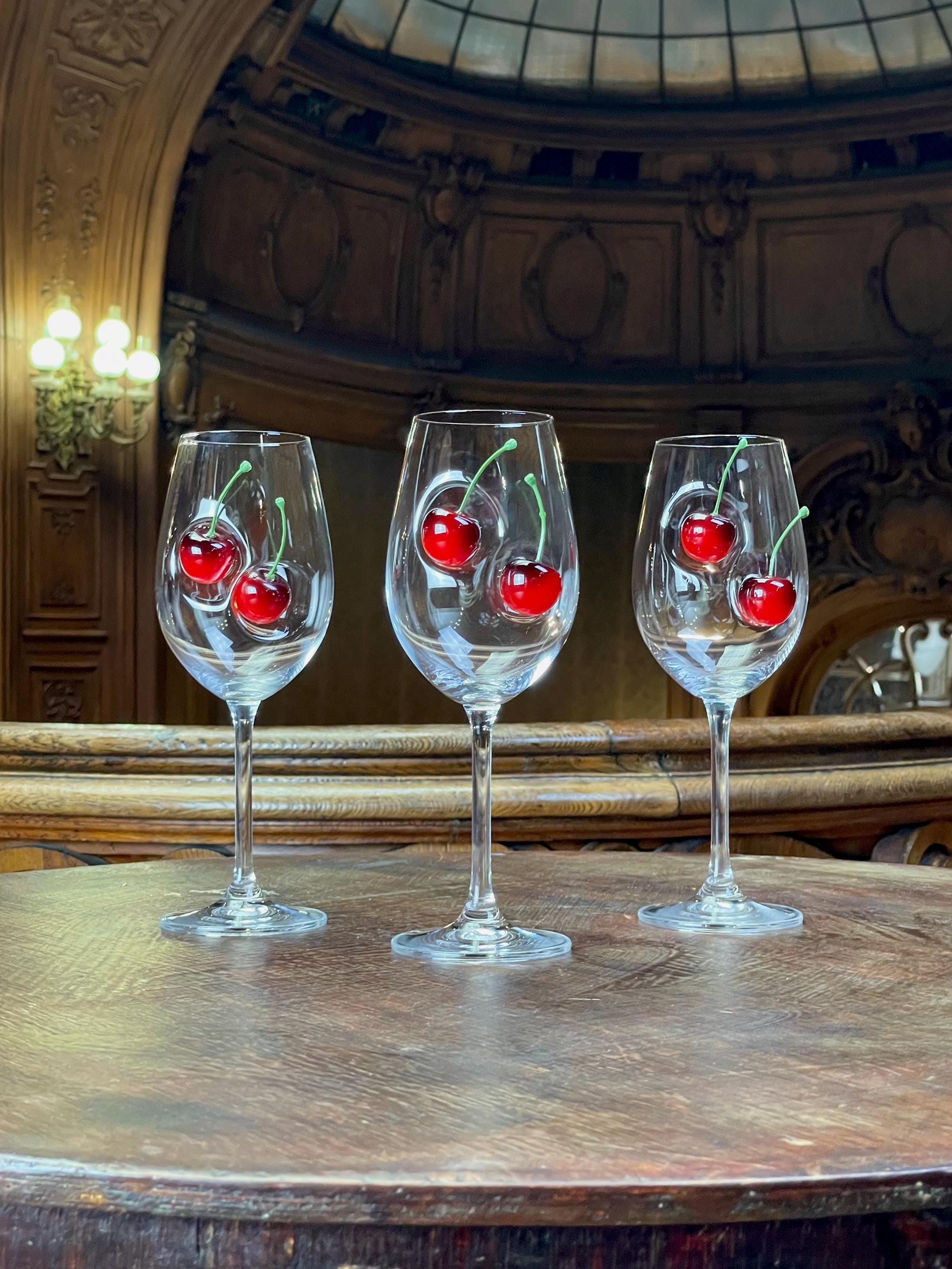 Eleganti calici da vino con ciliegia, set di calici in vetro, bicchieri in vetro, calici da vino unici, calici da vino artistici, regalo di nozze con