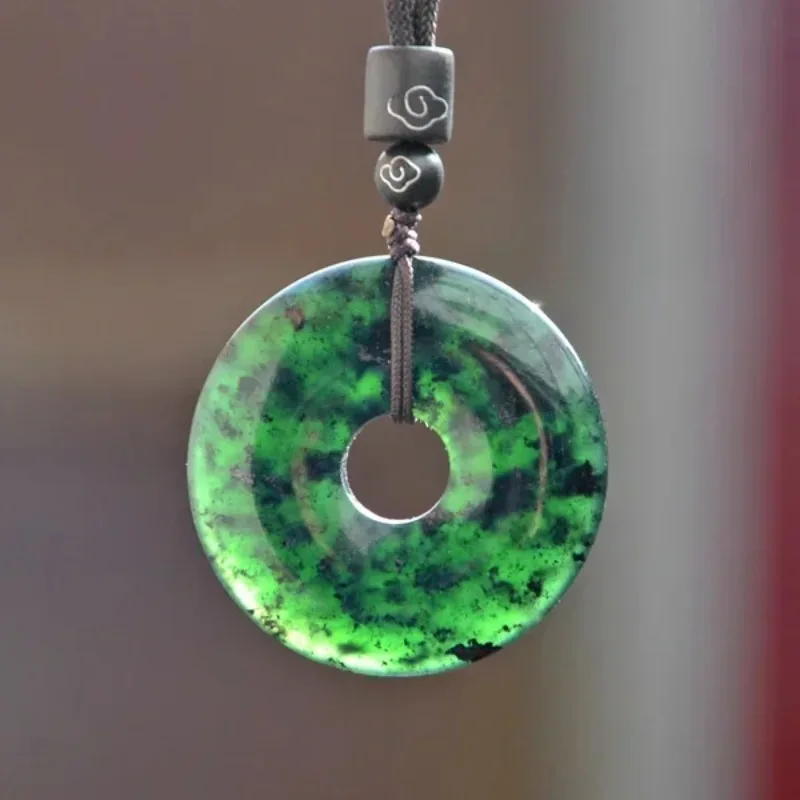 Natürliche schwarze grüne Jade Donut Anhänger Halskette Hetian Stein geschnitzt chinesischen Jadeit Schmuck Charme Amulett Geschenke für Frauen Männer Image