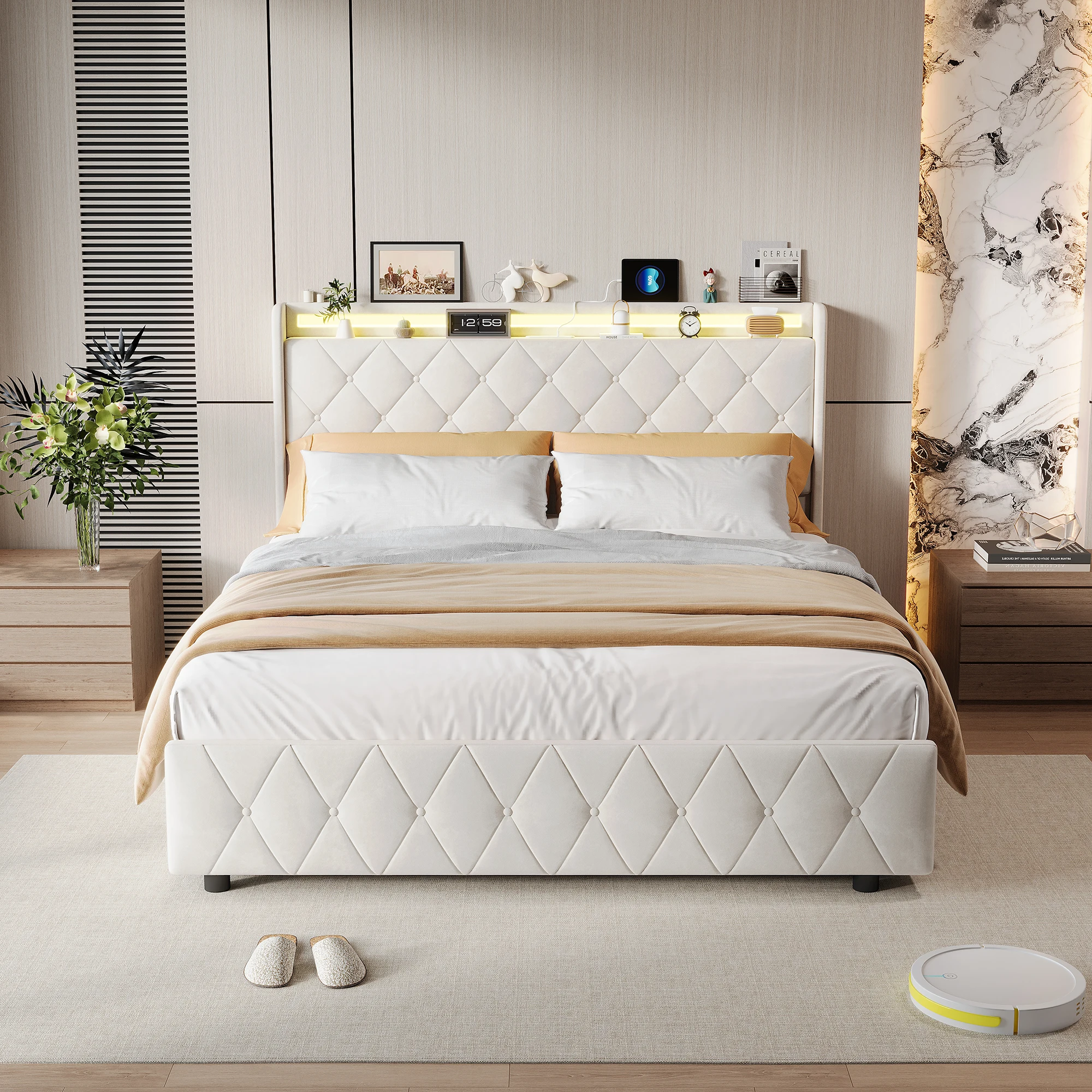 Superaly 140x200 Gepolstertes Doppelbett, Hydraulisches Stauraumbett mit Lattenrost, Schubladen, Samt, Beige Image