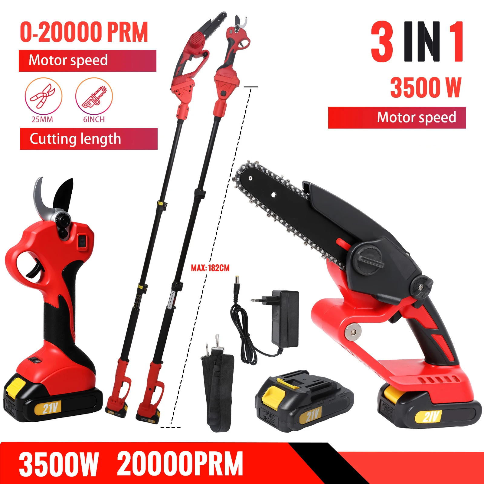 3-in-1 Teleskop-Elektro-Kettensäge Elektrische Astschere Hochentaster Gartenwerkzeug für 21V 18V Akku Image