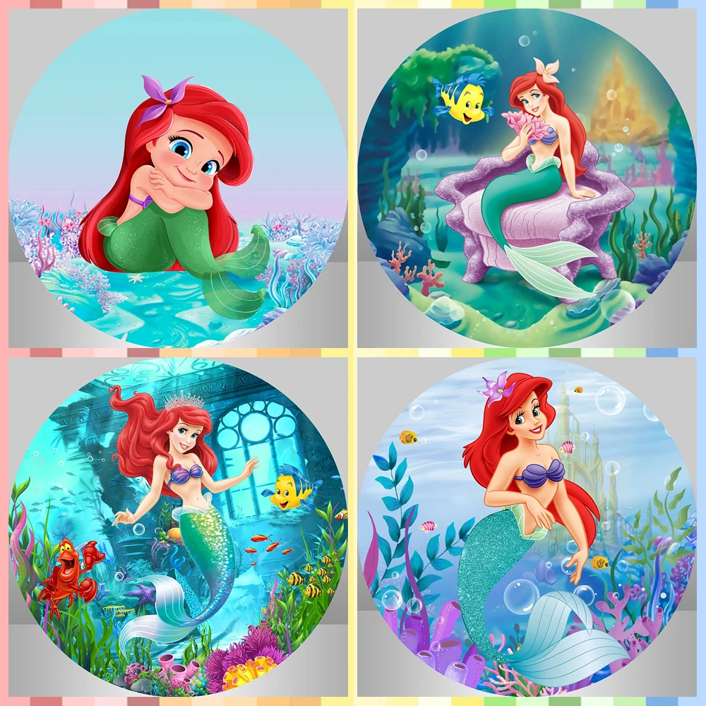 Die kleine Meerjungfrau Hintergrund Runde Partydekoration Stoff Geburtstagsatmosphäre Fotostudio Fotografie-Requisiten Elastischer Stoff Image