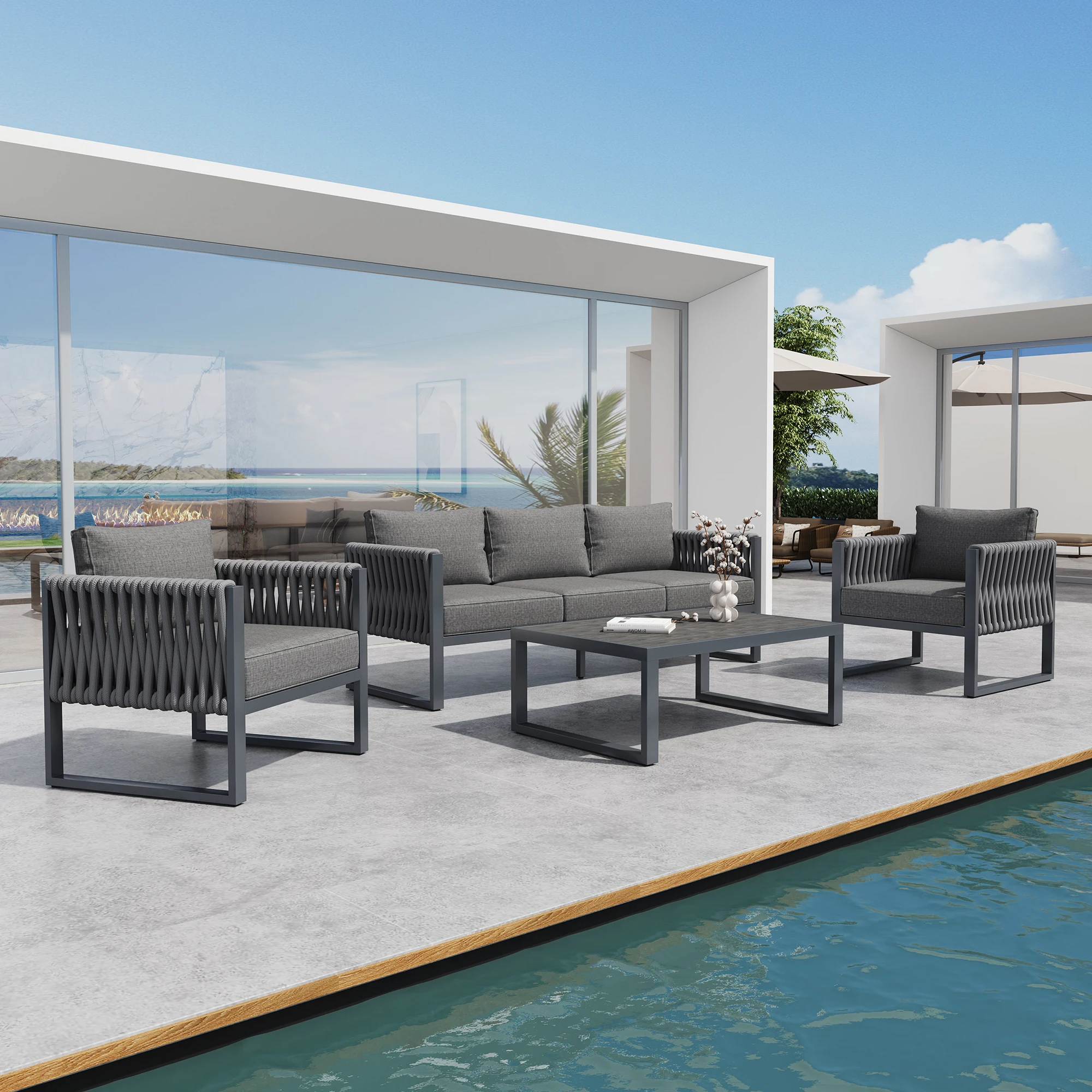 5-Sitzer Outdoor-Garten-Lounge-Set, Grau, Verstellbare Füße, Kissen, Rostfreier Metallrahmen