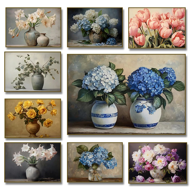 Vintage weiße Pfingstrose RoseTulpen in antiken Vase, blaue Hortensie, Poster, Leinwandgemälde, Druck, Wandkunst für Wohnzimmer, Heimdekoration Image