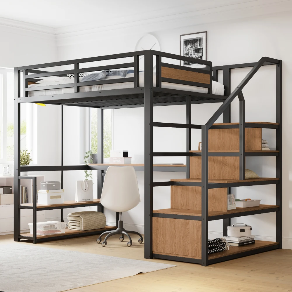 140x200 Metall-Hochbett mit Stauraum, Leiter, Regalen und Tisch, Sicherheitsgeländer-Design mit Geteilten Metallregalen, Eisenrahmen-Bett
