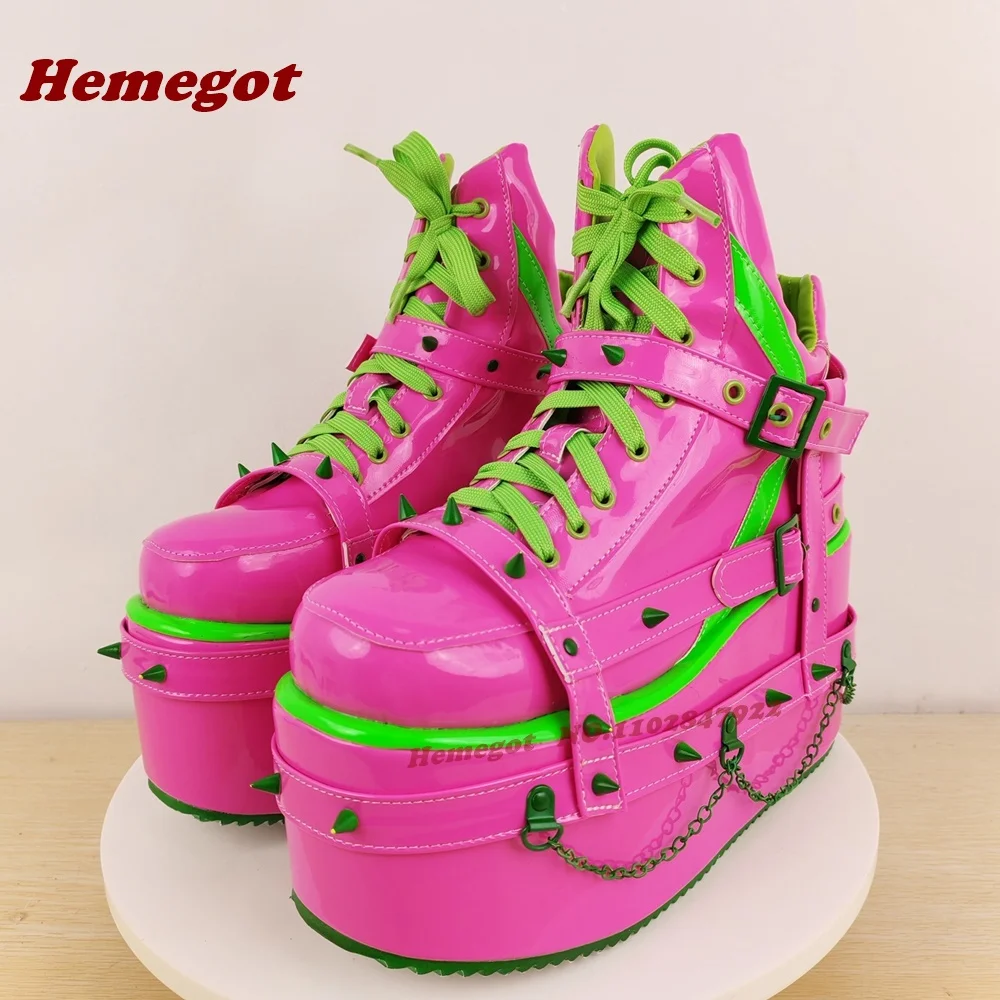 Rosa Patchwork-Nieten-Stiefeletten, Gothic-Stil, runde Zehen, Plattform, Nieten, Keile, Schnallen, Stiefel für Damen, Schnürstiefel, Y2K-Schuhe, 2026, Neu