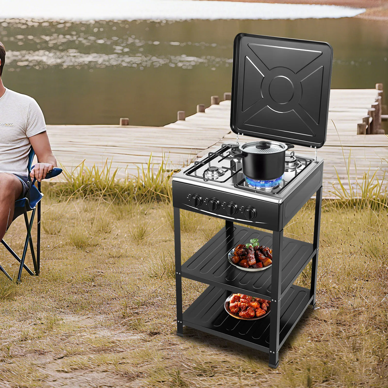 4-Brenner Erdgas-Herd, Gasgrill, Propan, abnehmbarer rauchfreier Grill, tragbarer Grill mit beweglicher Aufbewahrungshalterung Image