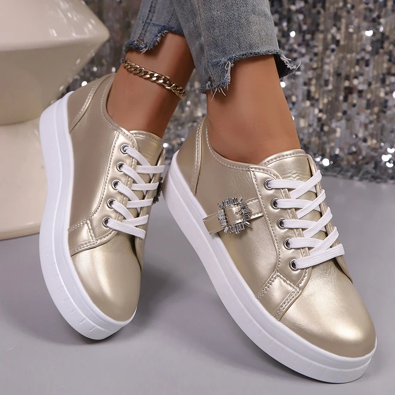 Damenmode-Turnschuhe, Gold, Silber, Low-Top, lässige Sportschuhe, Damen, Metalldekor, bequeme, rutschfeste Wanderschuhe in Übergröße