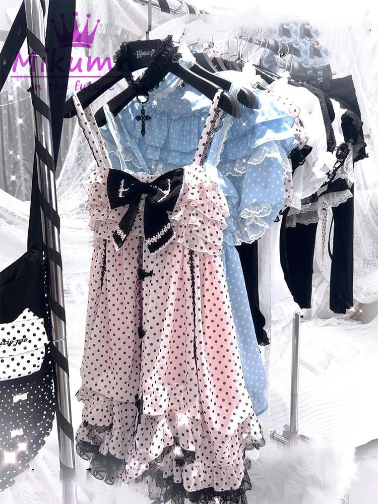 Mikumn Gothic Mädchen Vintage Rosa Polka Dot Kleid Harajuku Japanisch Y2k Schwarze Schleife Kawaii Damen Ärmelloses Trägerkleid Mini-Kleider