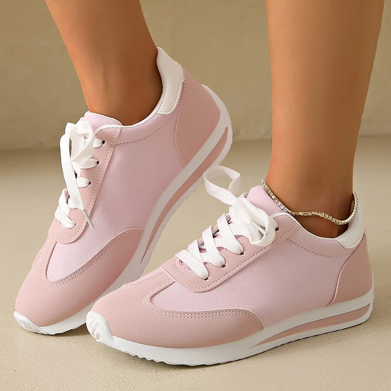 Frühling Herbst Schnür-Sneaker in Rosa für Damen, Komfortable Patchwork-Plateauschuhe, Leichte Sportschuhe in Übergrößen mit Weicher Sohle, Flache Schuhe Größe 43