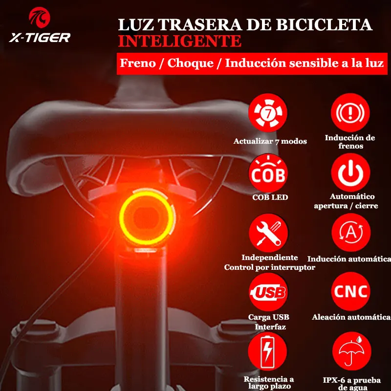 X-Tiger Luci posteriori per bici intelligenti Sensore di accensione/spegnimento automatico Luci per bici impermeabili per la guida notturna Luci posteriori per bicicletta a LED ultra luminose