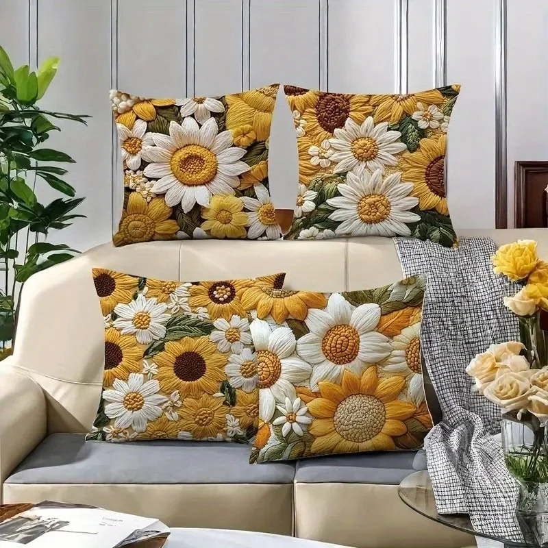 4 Stück 3D-gesticktes Gänseblümchenmuster, Heimdekoration, Kissenbezug, Wohnzimmer, Sofa, Polyester-Kissenbezug mit Reißverschluss Image