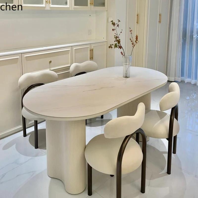 ZML ovaler Esstisch aus Steinplatten, leichte, luxuriöse, moderne, einfache Kombination aus Esstisch und Stuhl mit Erdnusssäule