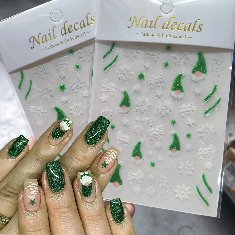 1Pcs 3D Weihnachten Grün Glitter Nail art Aufkleber Santa Claus Schneeflocken Selbst-klebe Nägel Sliders Winter Weihnachten Maniküre abziehbilder Image
