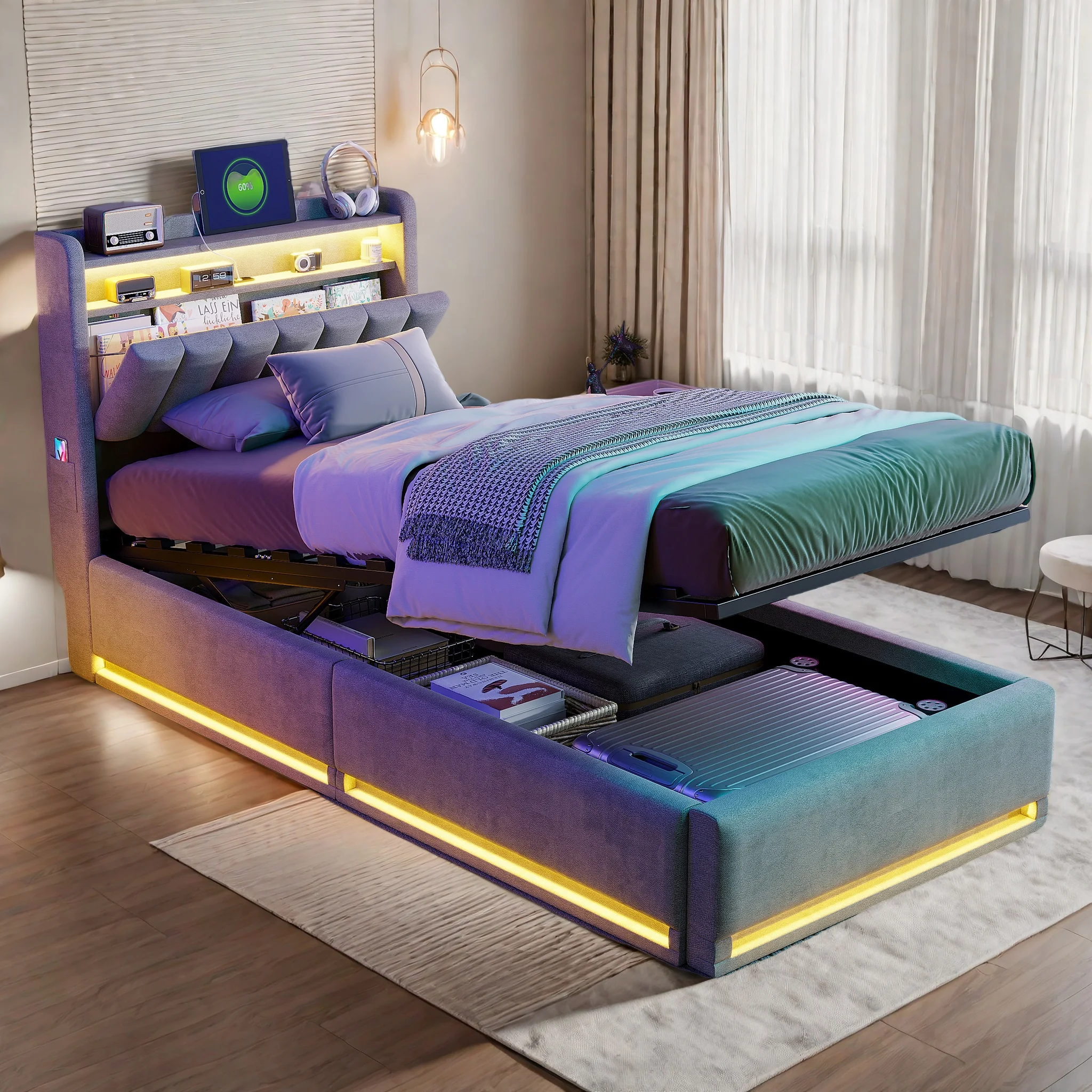 Gepolstertes Kinderbett 90*200cm, hydraulisches Einzelbett, LED-Bettrahmen mit Stauraum im Kopfteil, Jugendbett