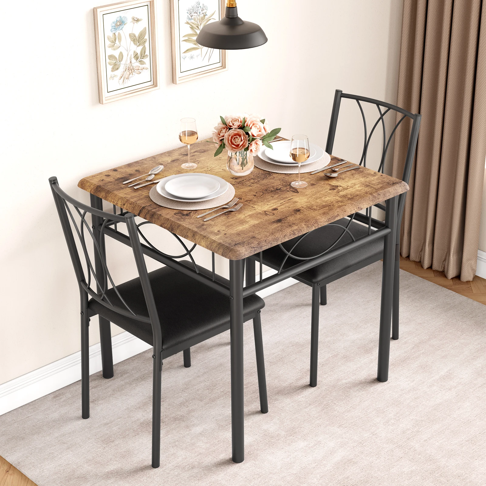 Esstisch-Set für 2 Personen Holz-Küchentisch und Stühle Quadratischer Esszimmertisch für Kleine Räume, Apartment-Küchentisch-Set