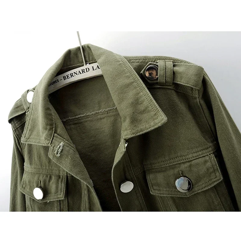 Frühling Vintage Armee Grün Schwarz Khaki Denim Jacke Frauen Saum Gürtel Große Tasche Cowboy Oberbekleidung Lose Kurze Jeans Jacken Weibliche
