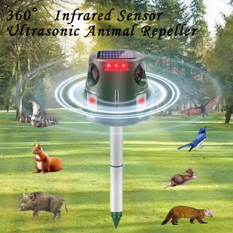 Tierabwehrmittel mit Solarenergie – 360° ° Induktions-Multifrequenz-Ultraschall zur Abwehr von Katzen/Hunden/Vögeln/Mäusen Image