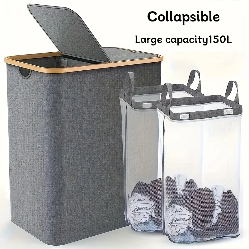 150L faltbar Wäschekorb , mit ausziehbar abnehmbar Zwei Wäschesack , Griffe aus Bambus,schmal Wäschekorb ,hellgrau.