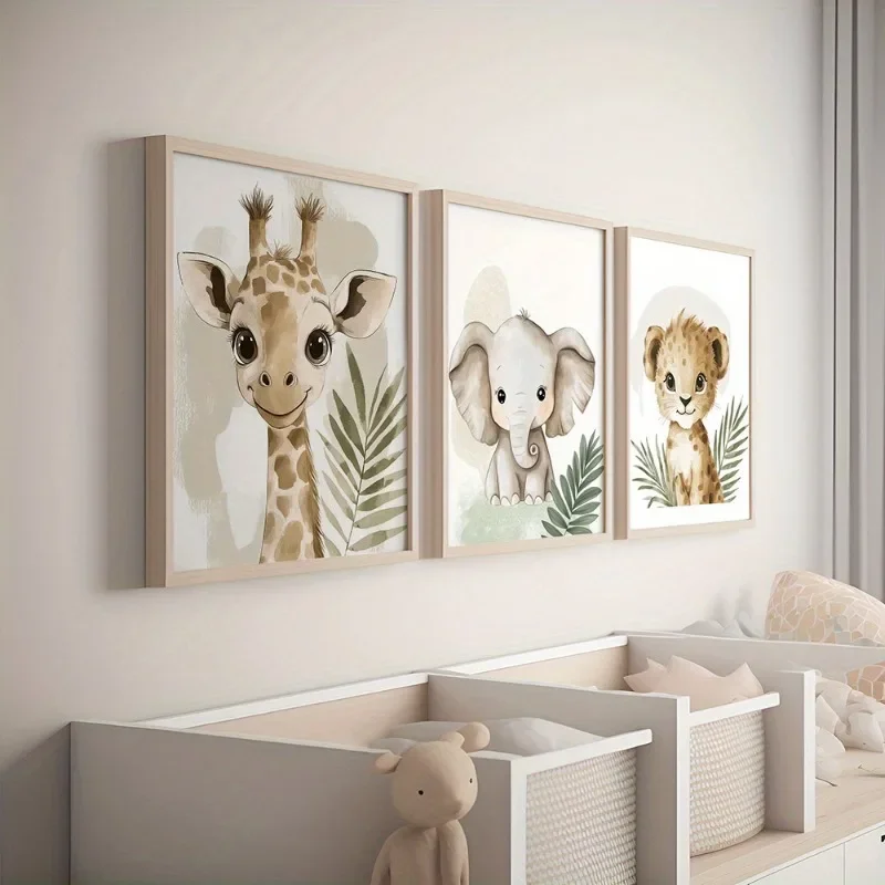 3-teiliges Safari- und Dschungeltier-Set mit Leinwanddruck – rahmenlose Wandkunst für Kinderzimmer, Wohnzimmer, Schlafzimmerdekoration, Safari-Raumdekoration Image