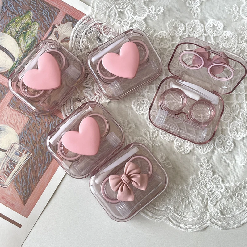 【M】Kontaktlinsenbehälter, rosa, transparent, Love Bow Kontaktlinsenbehälter für Mädchen, tragbare Beauty-Pupillenbox, Aufbewahrungsbox für die Augenpflege Image