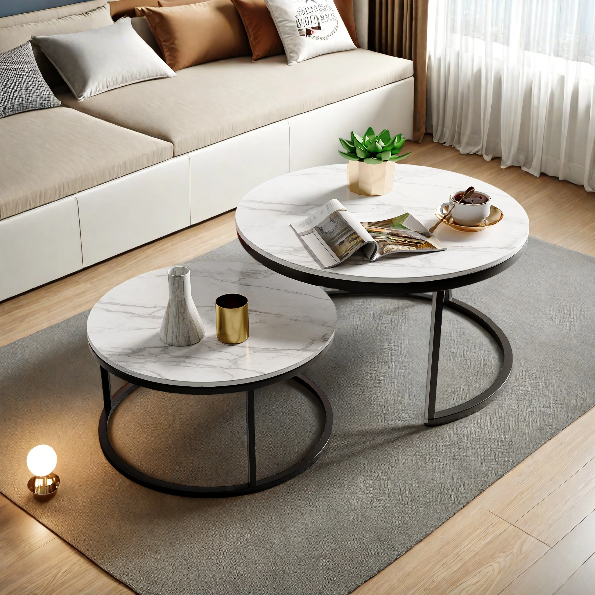 Superaly 2-teiliges rundes Couchtisch-Set (Durchmesser 80+60 cm), Beistelltisch mit Metallrahmen und Marmorfurnier, Couchtisch für das Wohnzimmer Image