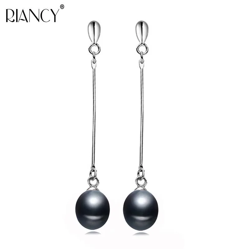 Echte natürliche schwarze Süßwasserperlen-Ohrringe für Damen, feine lange Perlenohrringe aus 925er Sterlingsilber, Schmuck für Frau, Mutter, Geburtstagsgeschenk Image
