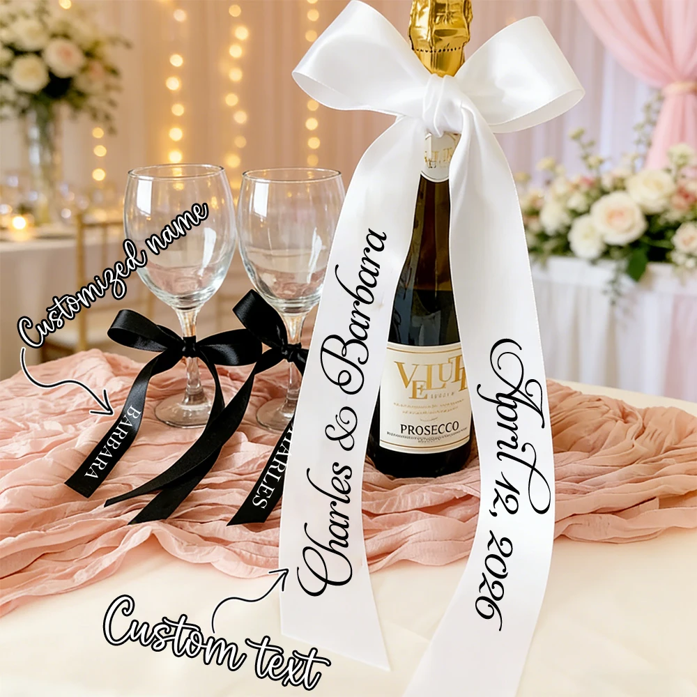 3-teiliges Set Anpassbare Schleifenbänder mit Individuellem Namen, Datum und Text für Hochzeit, Party, Tassen- und Flaschendekoration Image