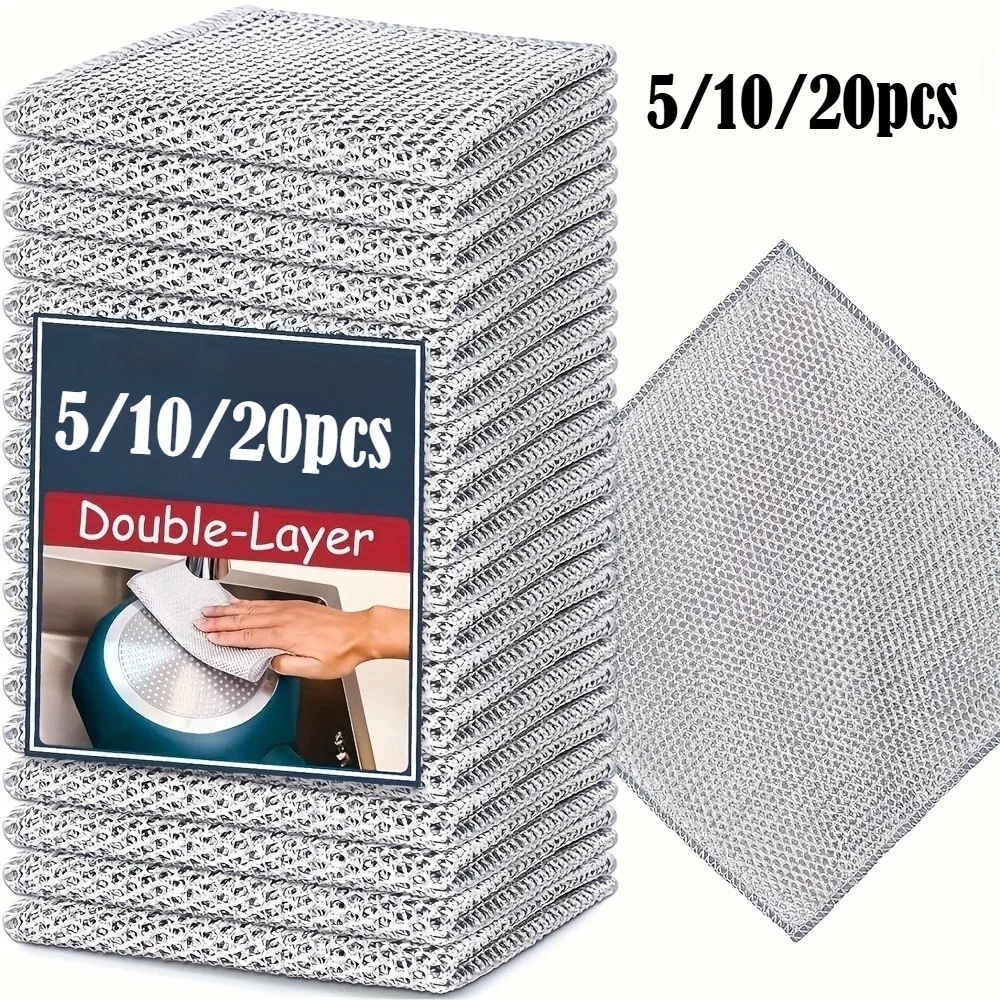 5/10/20 Stück Doppelschichtige Stahldraht-Mikrofaser-Reinigungstücher, Kratzfreie Geschirr- und Topfreiniger-Lappen für die Küche Image