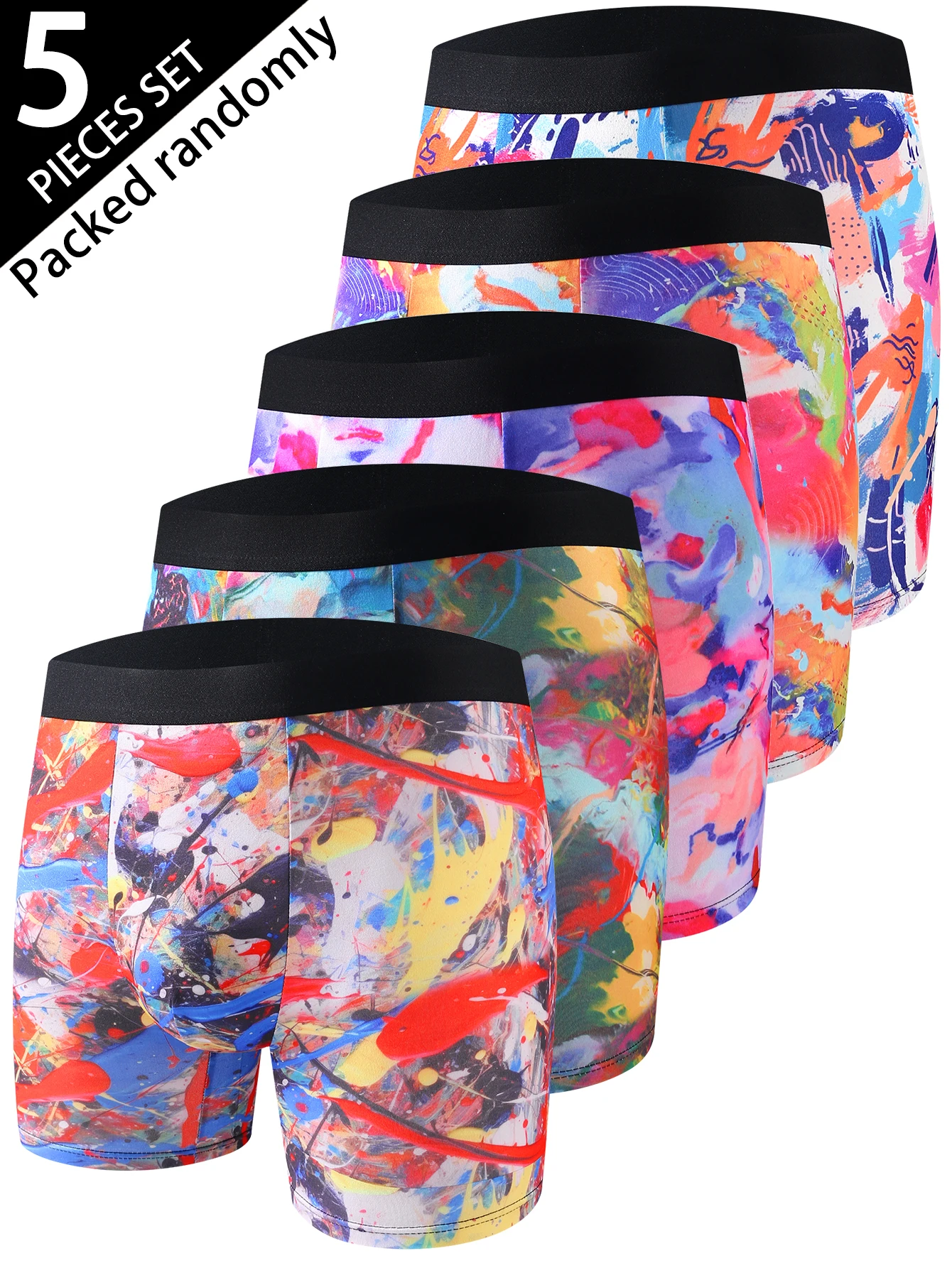 5er-Pack Herren Boxershorts mit Grafikdruck Bunte Doodle-Muster Weicher Elastischer Dünner Stil Komfortable Herren-Unterwäsche Shorts Image