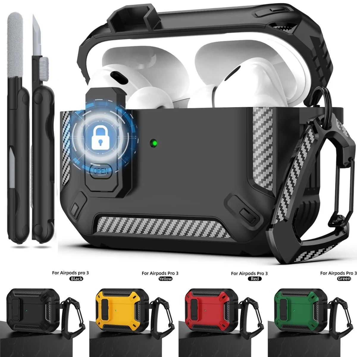 Sicheres Schloss für AirPods Pro 3, Schutzhülle mit Reinigungsset und Schlüsselanhänger, automatische Pop-up-Vollschutzhülle für AirPods Pro 3 Image